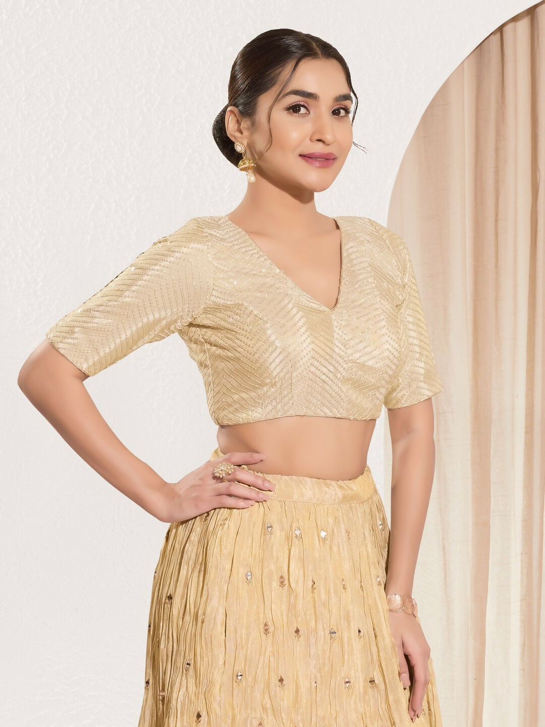 Joban Fashion Gold Sequins Padded Blouse With V Neck Elbow Sleeves