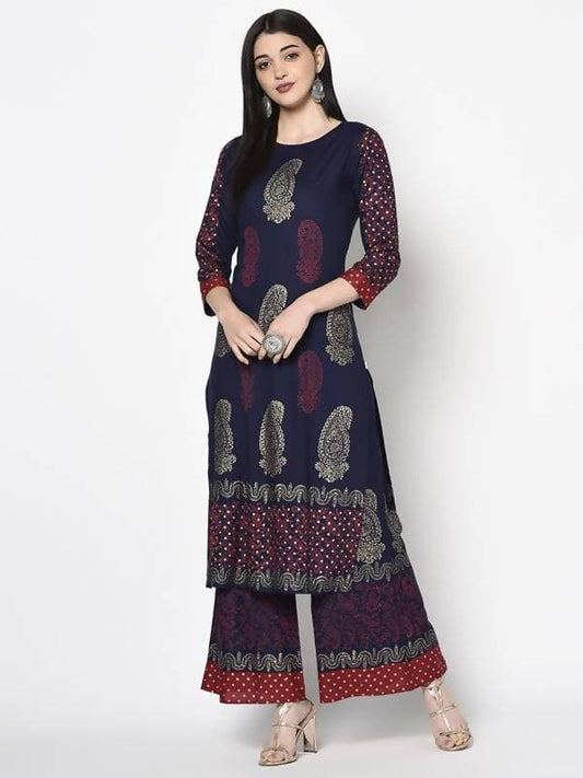 Aniyah Rayon Navy Blue Color Block Print Straight kurta (AN-180K) 