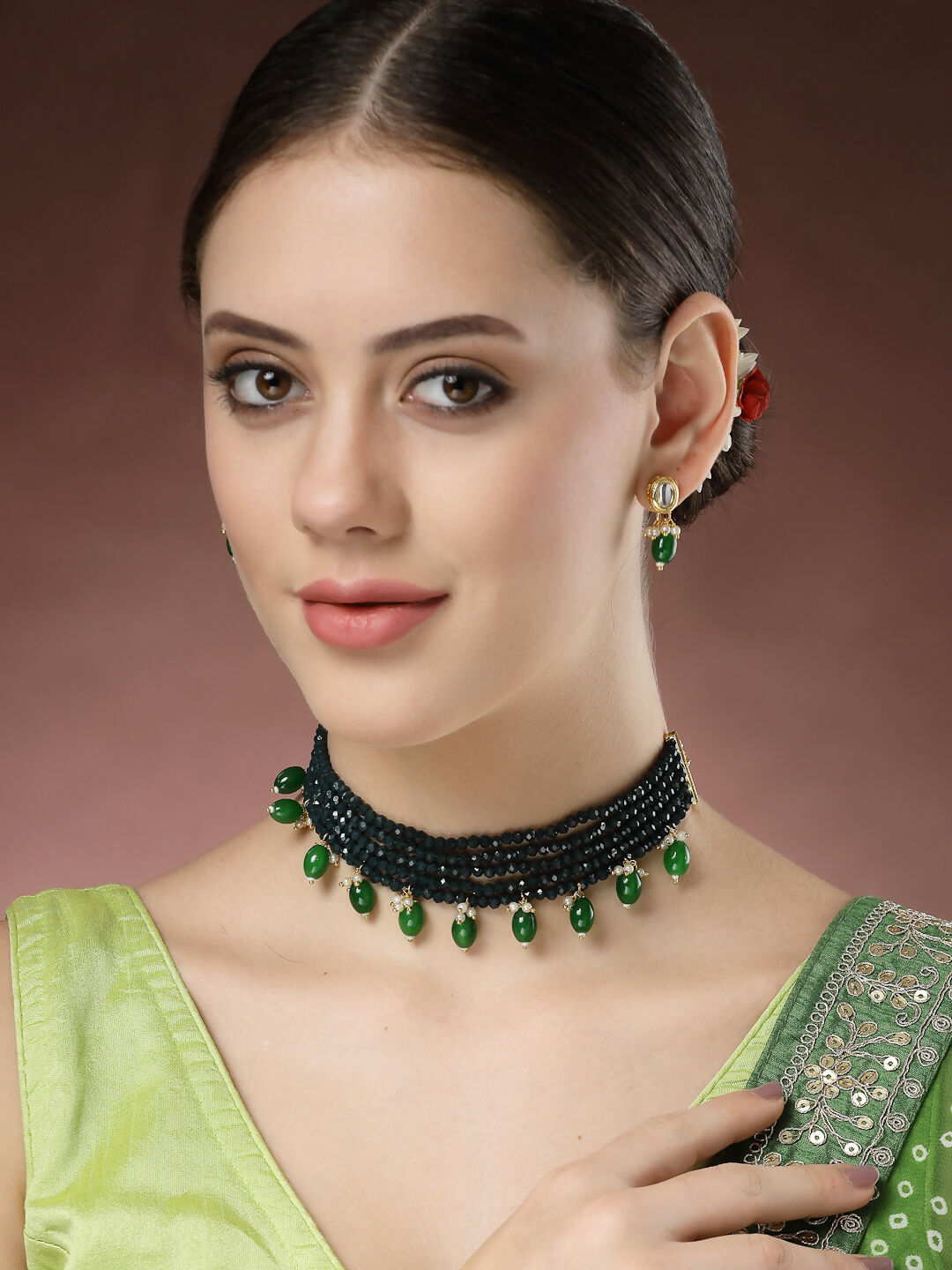 NVR Women's Green Artificial Beads Layered Necklace with Drop Earring NR Retail-NVR