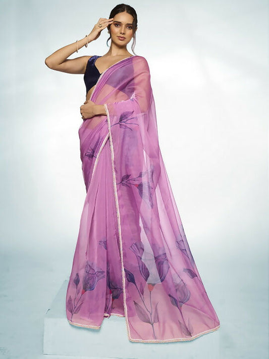 Purple Organza Designer Printed Saree - Shezlin