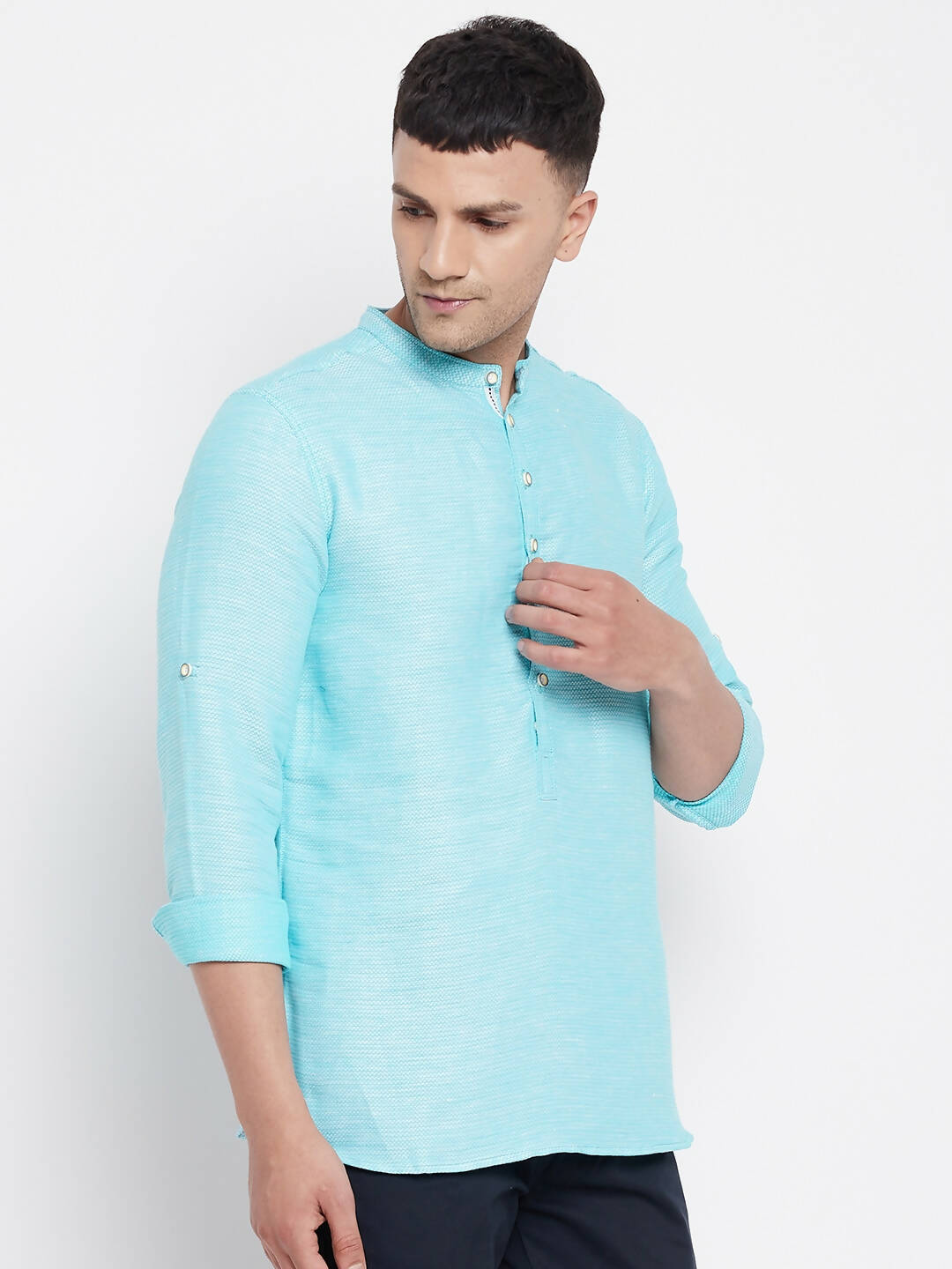 Even Apparels Pure Cotton Men's Kurta in Blue Color With Band Collar 