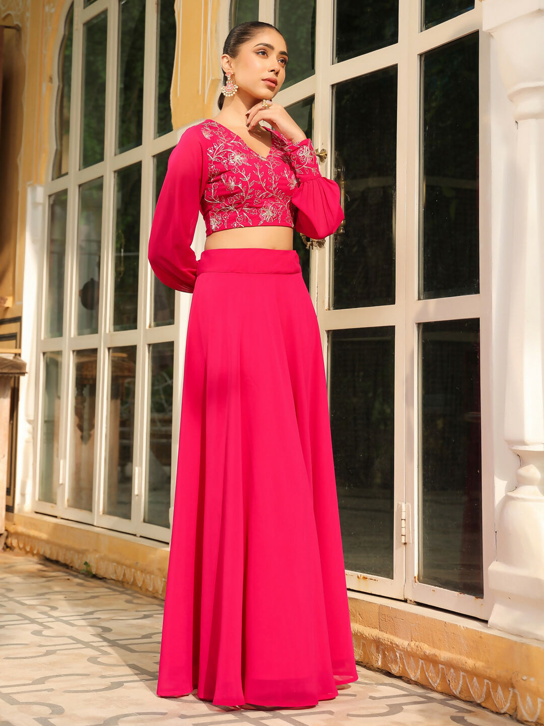 Janasya Pink Georgette Embroidered Top & Skirt 
