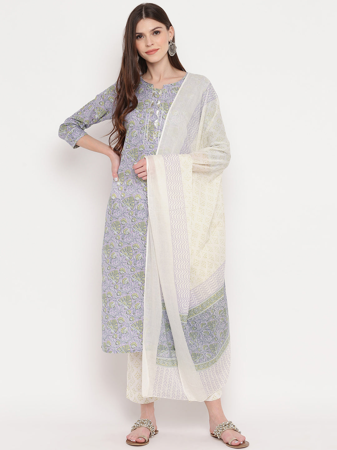NOZ2TOZ Women's Purple Printed Kurta With Palazzo & Dupatta Set (Set of 3) 