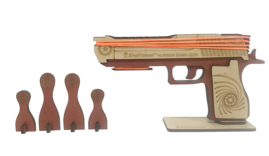 Kraftsman Kraftsman Semi-Automatic Wooden Rubber Band Shooting Gun Toys for Kids & Adults with Target | 5 Rapid Fire Shots (Dark Brown) - Grab2buy