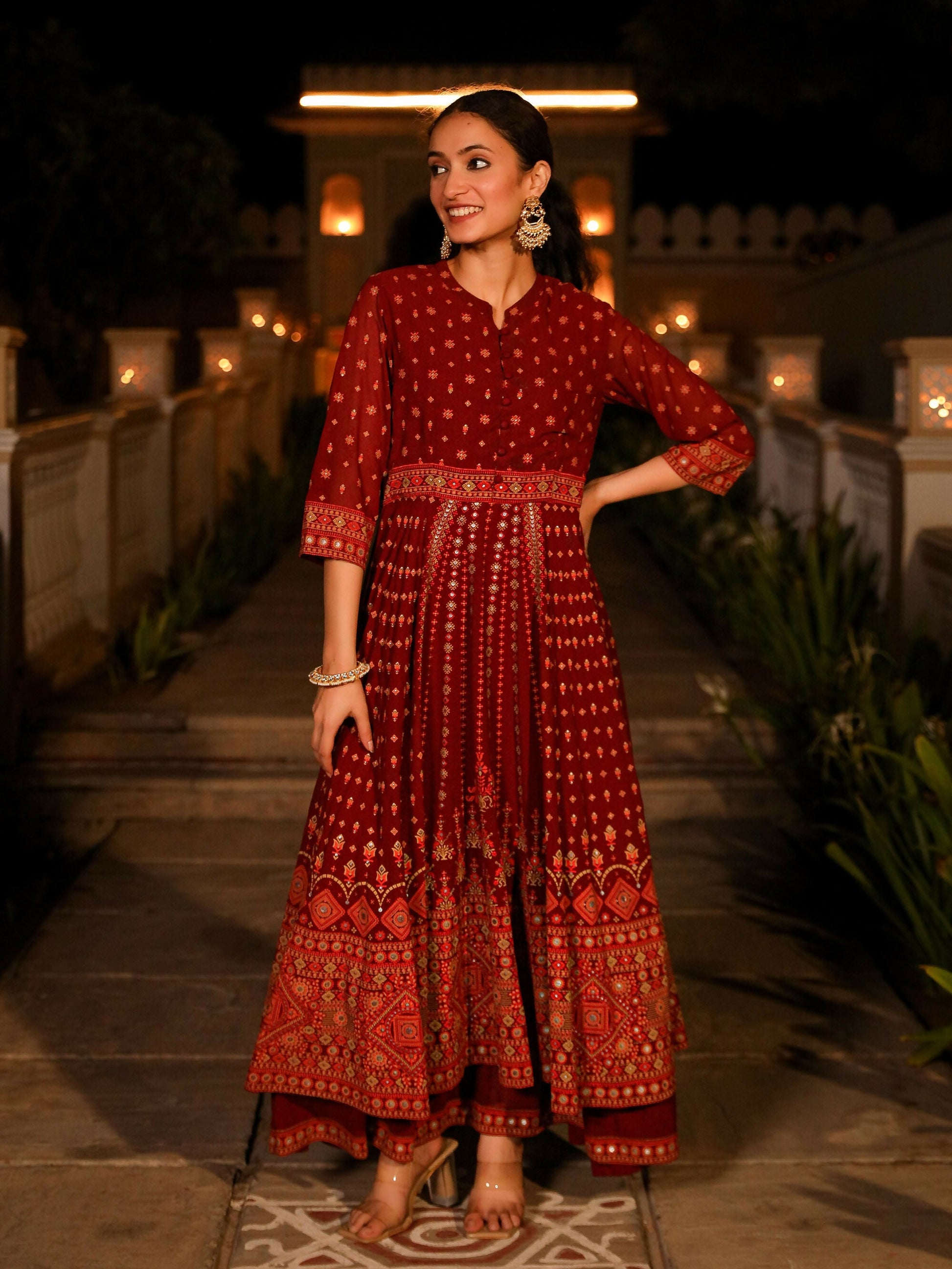 Juniper Women's The Mahautsawam Maroon Ethnic Motif Printed Georgette Dress With Thread & Mirror Work