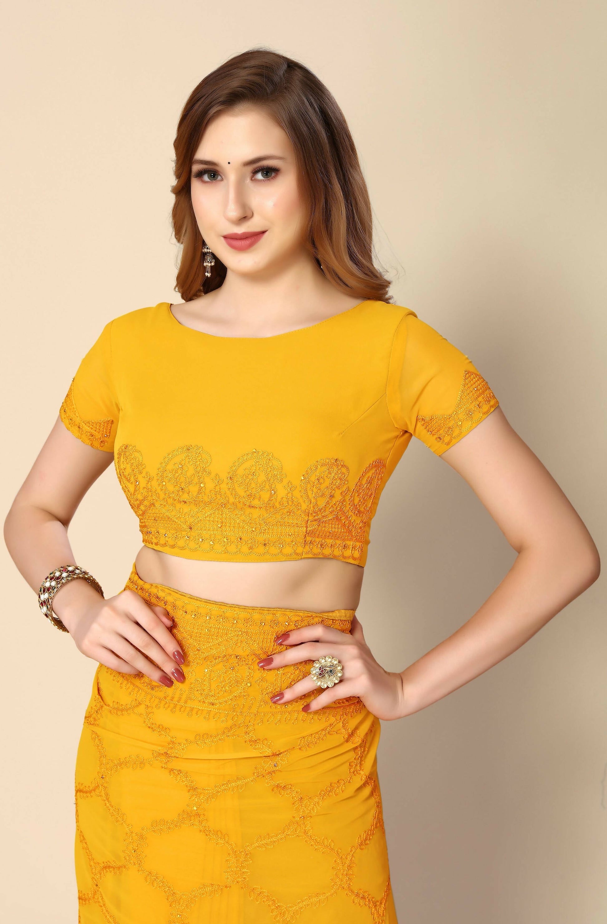 Mustard Georgette Embroidered and Stone Work Saree with Unstitched Blouse Piece - Roozal