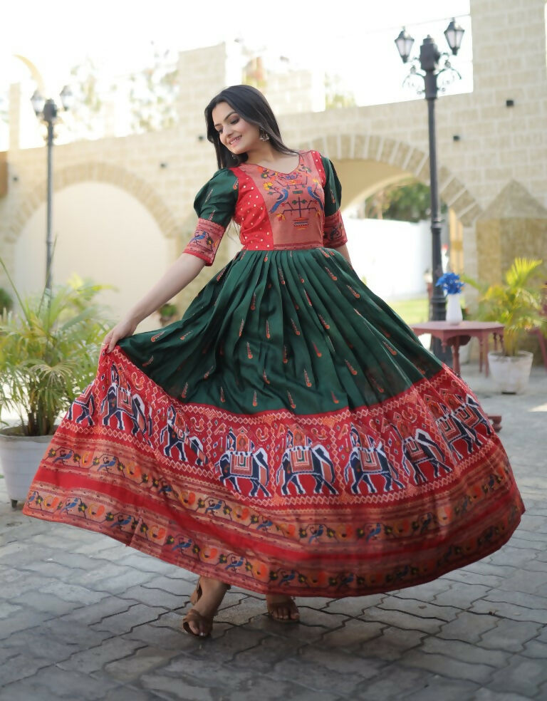 Jyoti Fashion Women's Bottle Green Patola with Foil Print Dola Silk Anarkali Dress