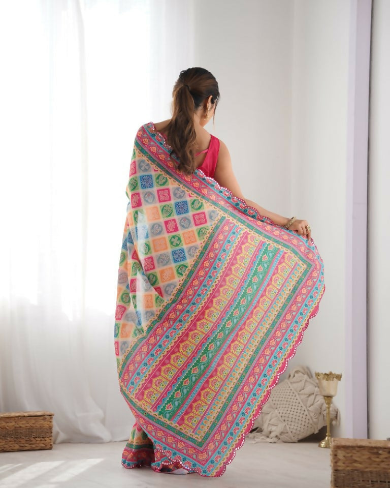 Multy Chinon Designer Digital Printed & Mirror Cut Work Saree - Kriti