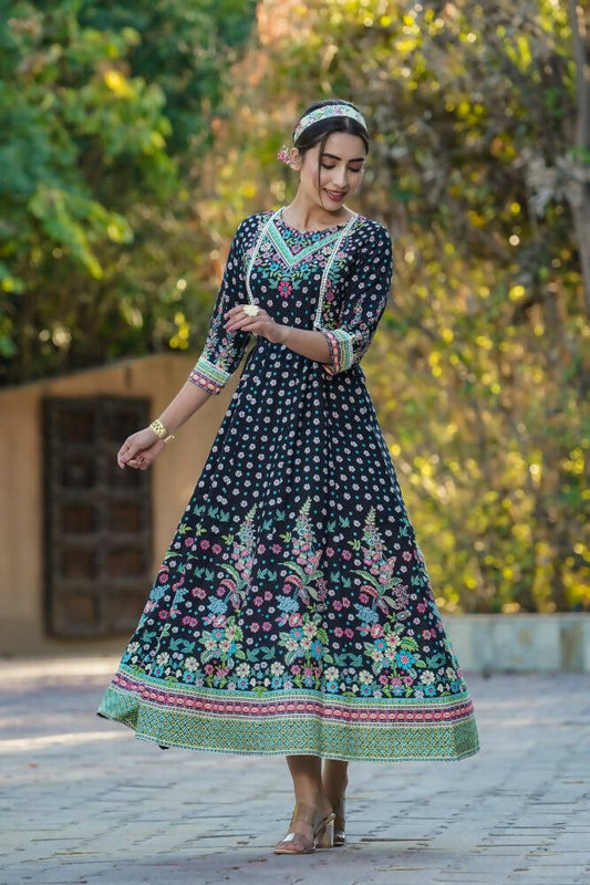 Juniper Women Black Rayon Printed Anarkali Dress