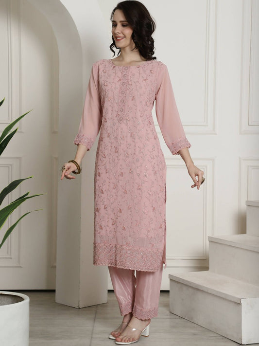 Aastha Fashion Women's Pink Georgette Floral Resham Thread with Cording & Crystal work Kurta with Trouser & Dupatta - Grab2buy