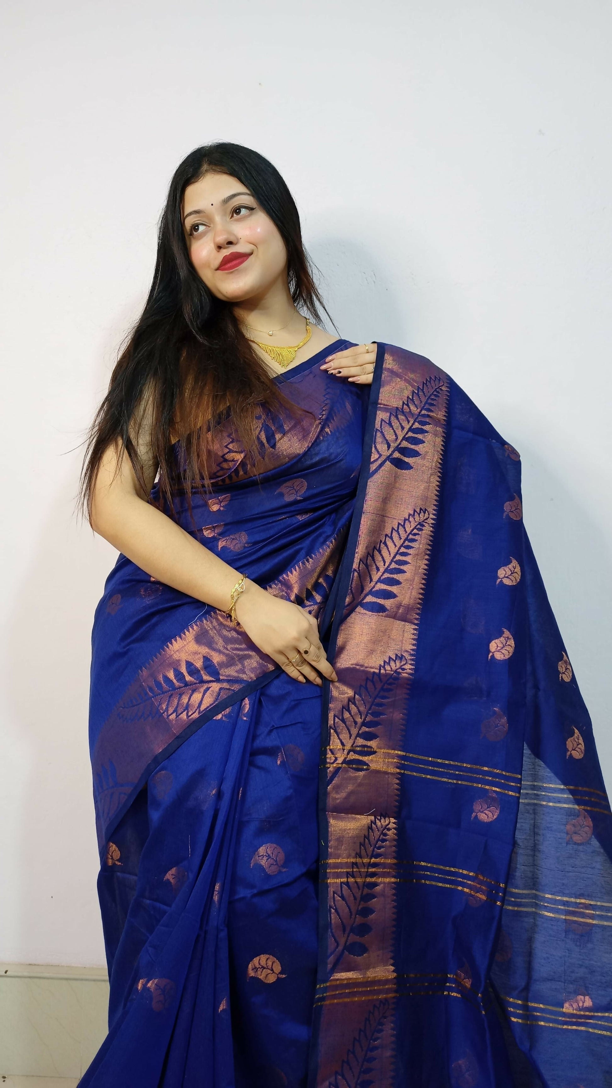 Exclusive Collection Beautiful Blue Cotton Silk Woven Handloom Grab2Buy With Running Blouse Piece 