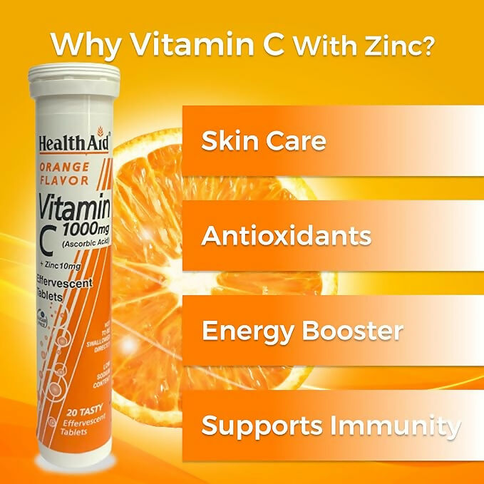 HealthAid Vitamin C 1000mg Orange Flavour with Zinc Effervescent Tablets 
