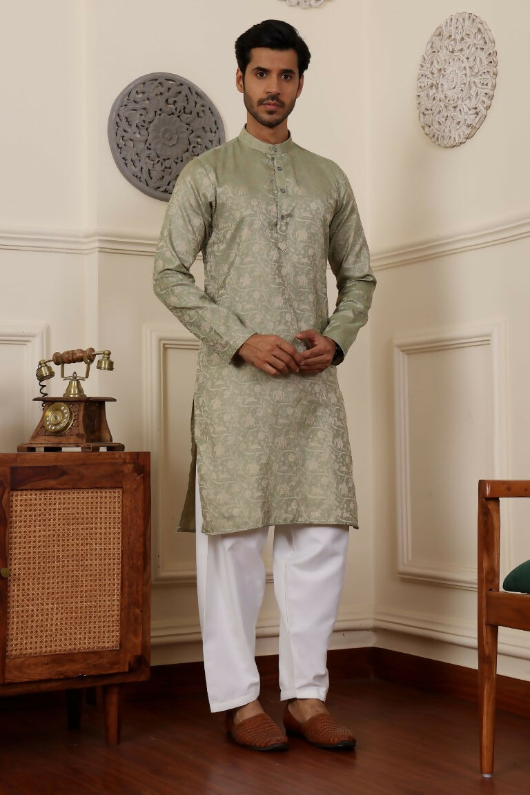Pista Viscose Woven Jacquard Work Men's Rajwadi Kurta Set - Mahotsav