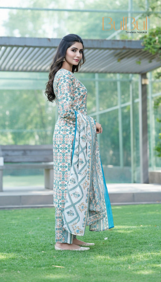 BulBul Fashionista Green-Blue Cotton Kurta Set with Dupatta