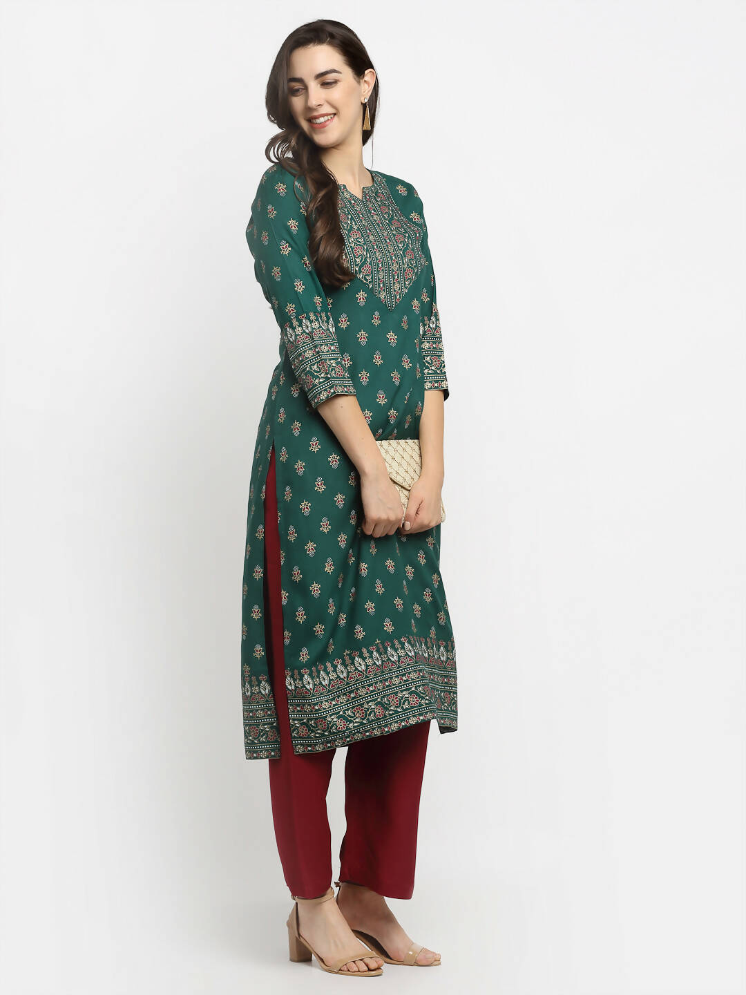 Rudra Bazaar Green Printed Yoke Designed Straight Kurta with Maroon Pyjamas