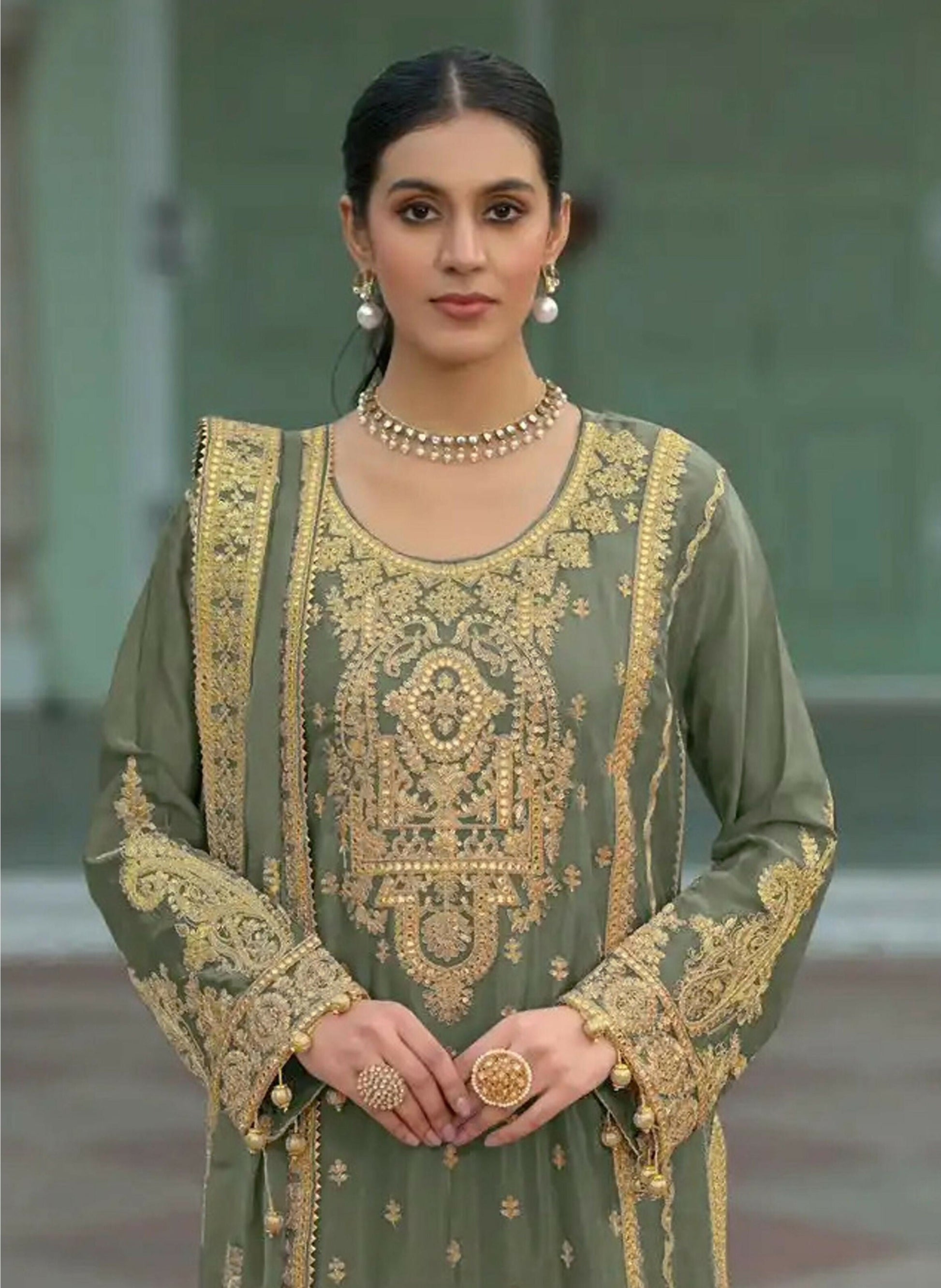 Anaita Mehndi Heavy Chinon Readymade Palazzo Suit with Heavy Embroidery Work