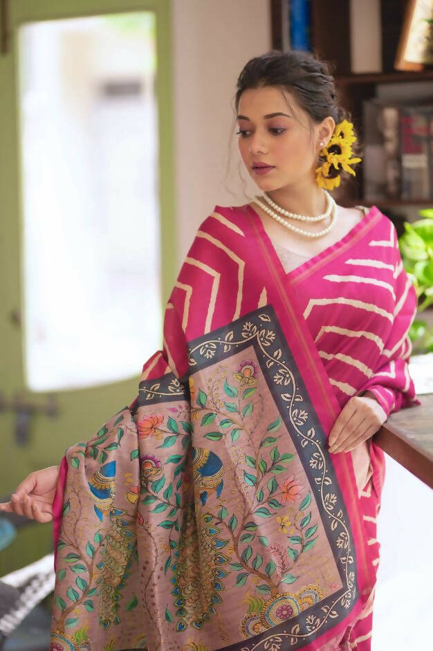 Vishnu Weaves Women's Pink Soft Tussar Silk Digital Printed Grab2Buy with Unstitched Blouse 