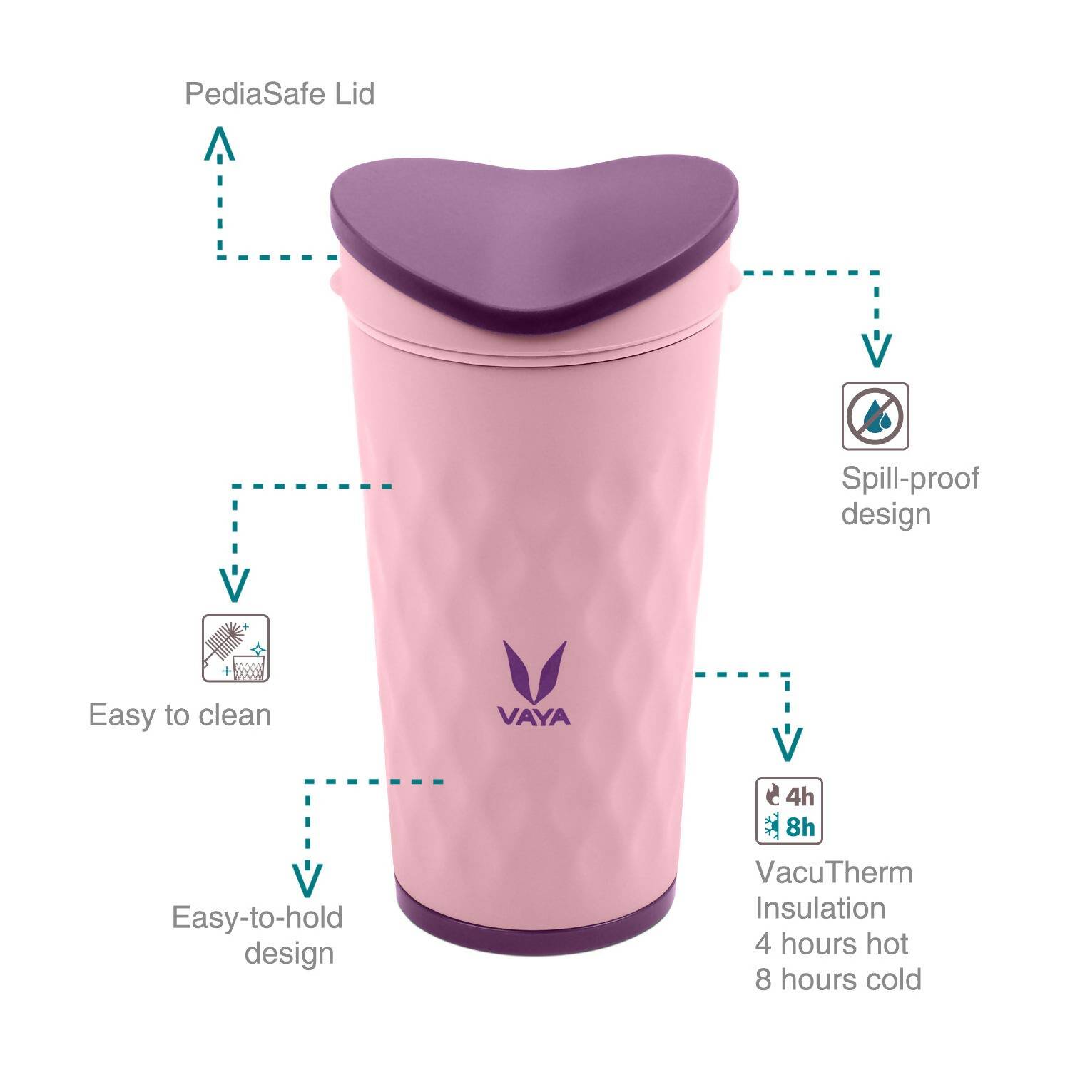 Vaya Drynk Kid'S Stainless Steel Tumbler With Spill-Proof Pediasafe Lid - 350ml (Pink) 