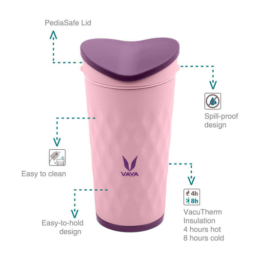 Vaya Drynk Kid'S Stainless Steel Tumbler With Spill-Proof Pediasafe Lid - 350ml (Pink) 