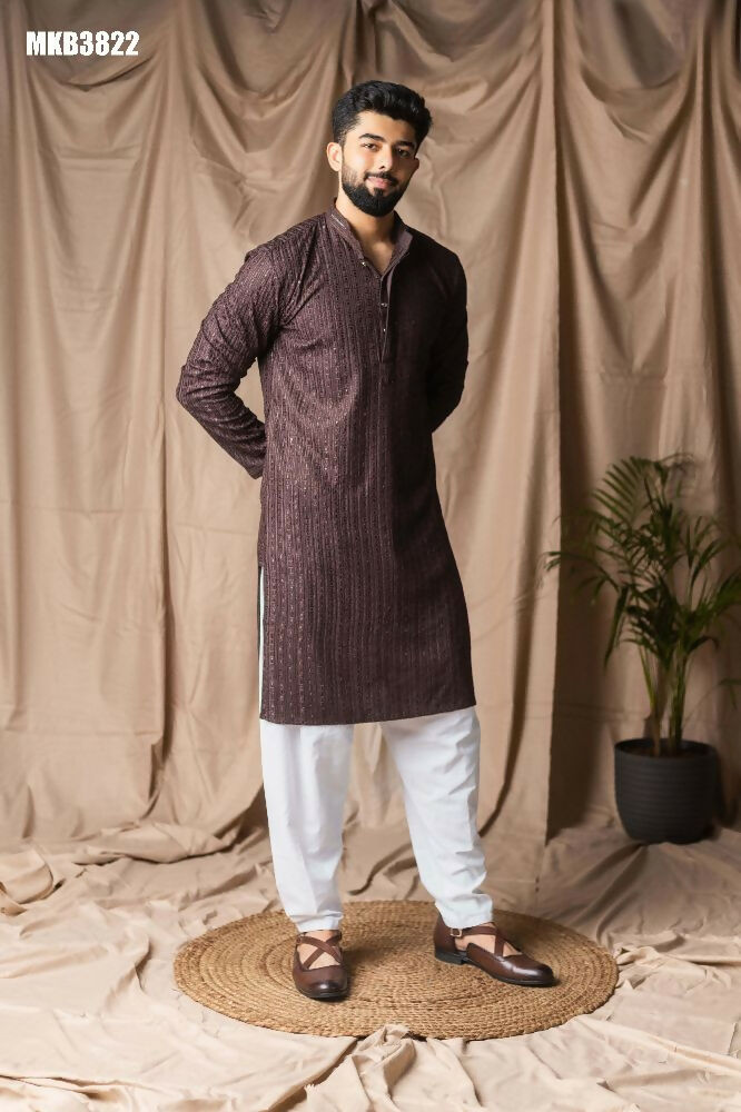Dark Brown Rayon Thread Embroidery Work Kurta Set - Mahotsav