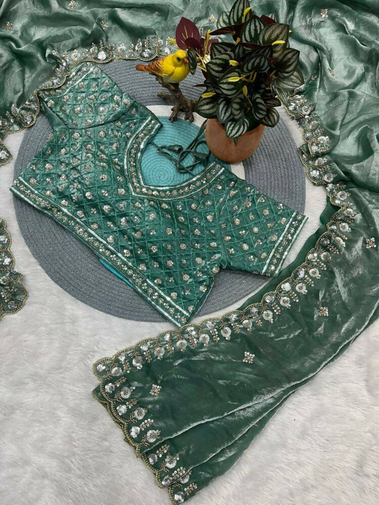 Joban Fashion Green Fandy Satin Silk Party Wear Sarees