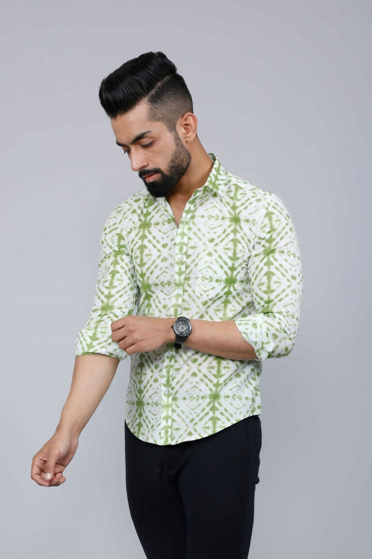 Miravan Men's Premium Green and White Slim Fit Tie Dye Cotton Shirt 