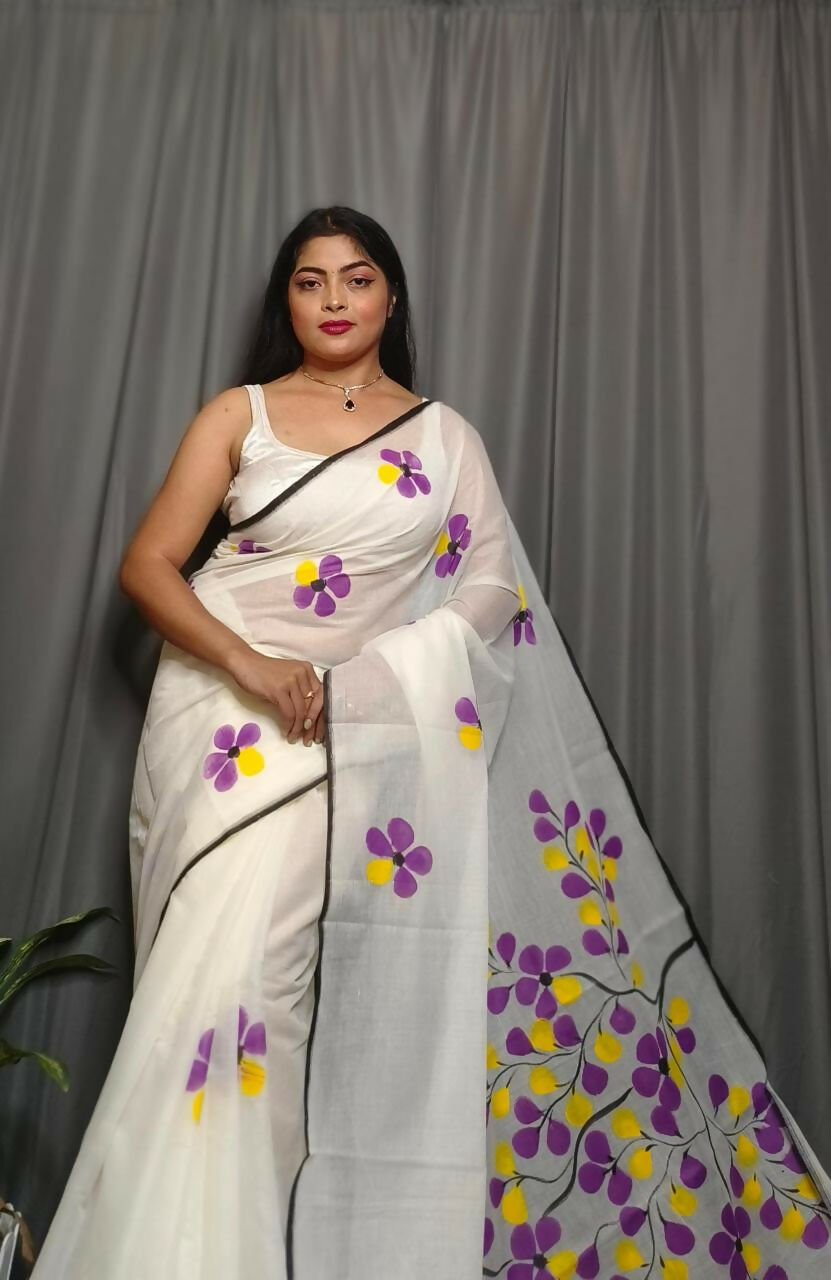 Exclusive Collection Beautiful White Purple Pure Cotton Hand Print Handloom Grab2Buy With Running Blouse Piece 