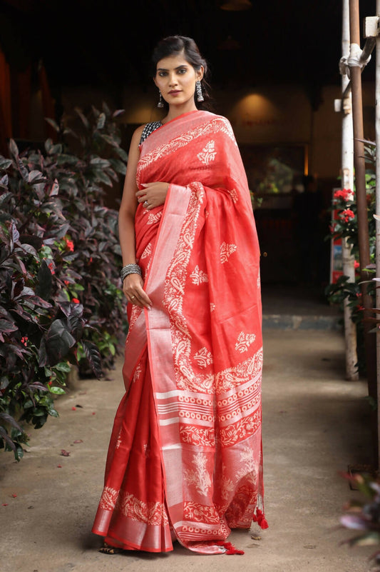 Very Much Indian Organic Linen With Handblock Printing Saree - Red - Grab2buy