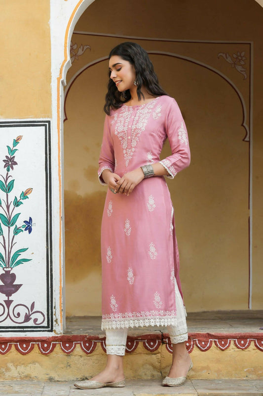 Juniper Women's Onionpink Shantoon Printed Straight Kurta