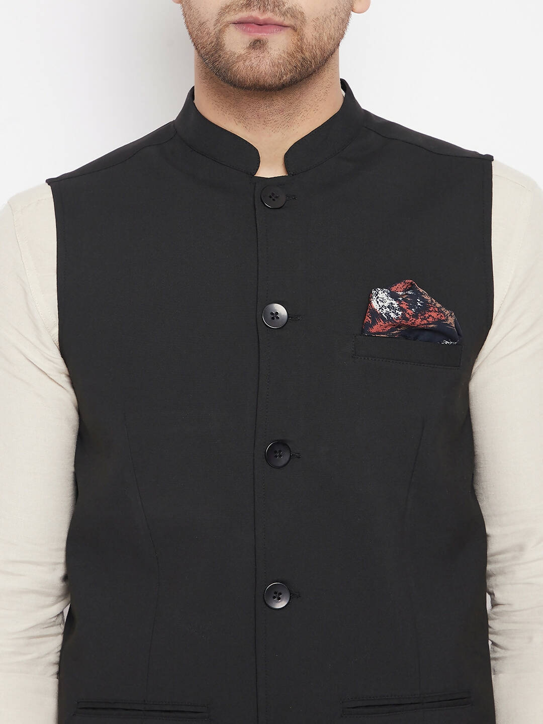 Even Apparels Black Merino Men's Nehru Jacket-Contrast Lining-Inbuilt Pocket Square 