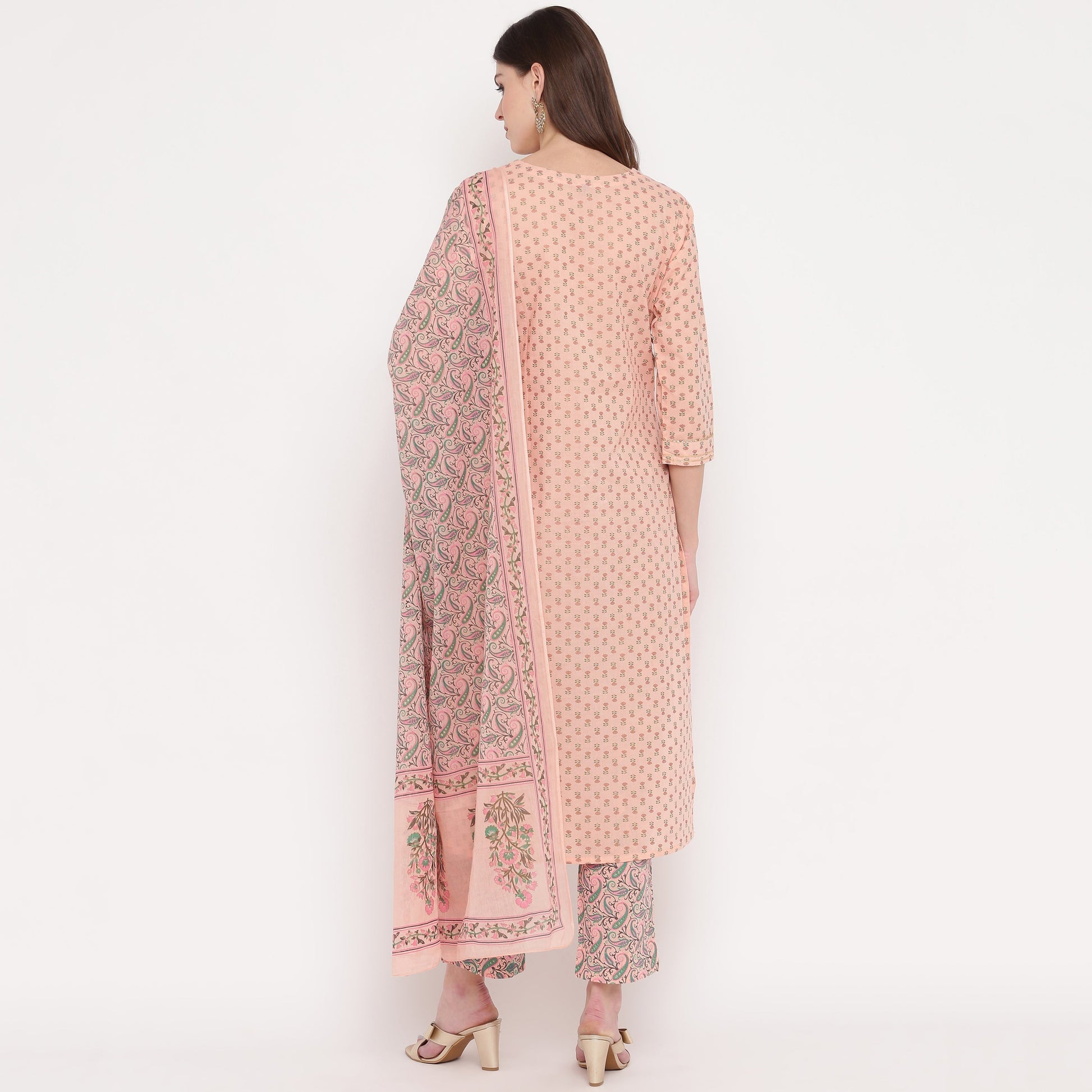 NOZ2TOZ Women's Foil Print & Gota Patti Work Straight Cotton Peach Kurta, Pant & Dupatta 