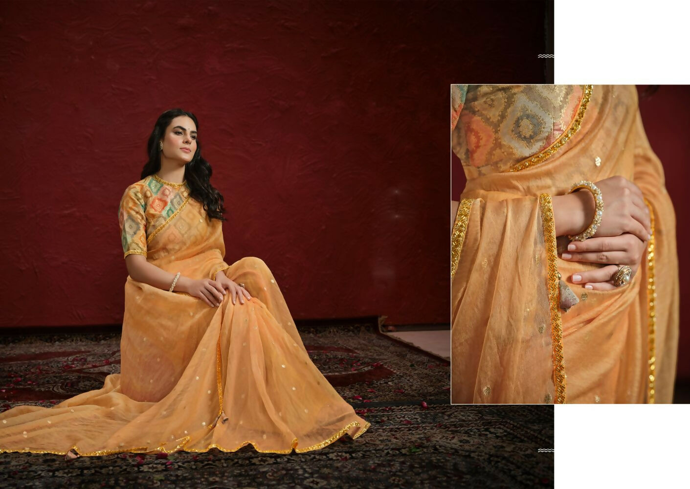 Orange Two Tone Jacquard Butti Tusser Pure Cut work Saree with Stitched Blouse - Mohmanthan Aaina