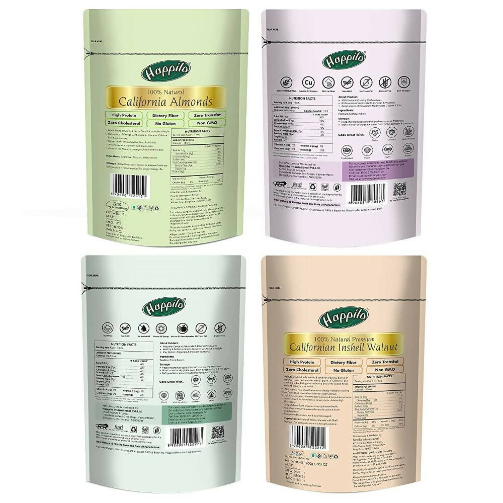 Happilo Premium Californian Almonds, Whole Cashews, Raisins & Walnuts Inshell Combo - Grab2buy