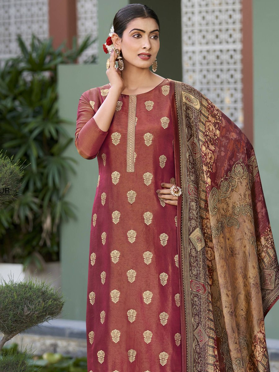 Aastha Fashion Women's Maroon Pure Silk Elegant Jacquard Woven Kurta with Trouser & Dupatta - Grab2buy