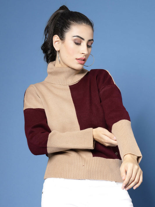 Women Winter Camel Brown Acrylic Sweater - Wool Trees