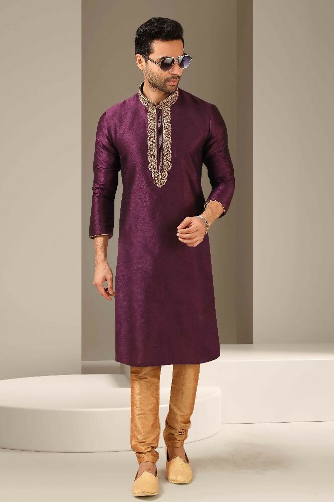 Raivat Ethnic Banarasi Art Silk Mirror Work Kurta Pajama In Mangenta Colour