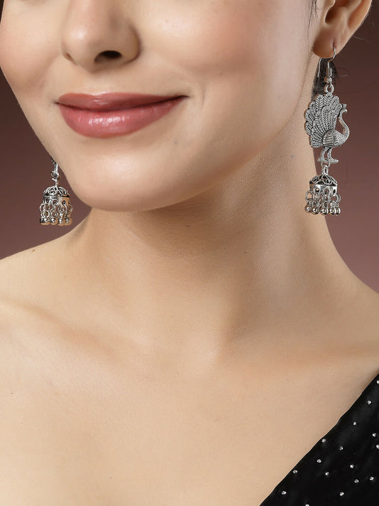 NVR Women's Silver-Toned Peacock Desing German Silver Oxidised Dome Shaped Jhumka Earrings 