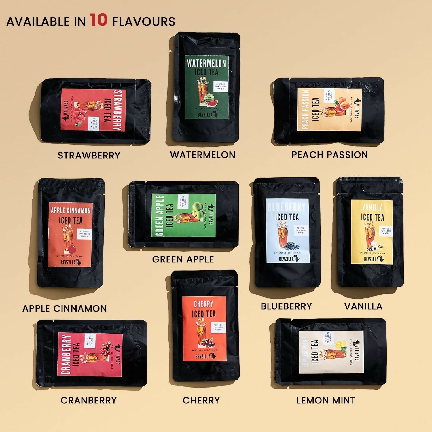 Bevzilla Instant Iced Tea Powder - Assorted 10 Flavours 