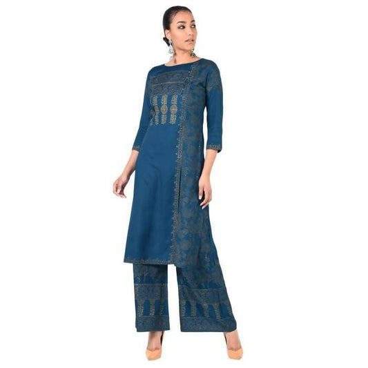 Aniyah Rayon Block Print Front Slit Straight Kurta With Palazzo Set In Blue (AN-166K) 