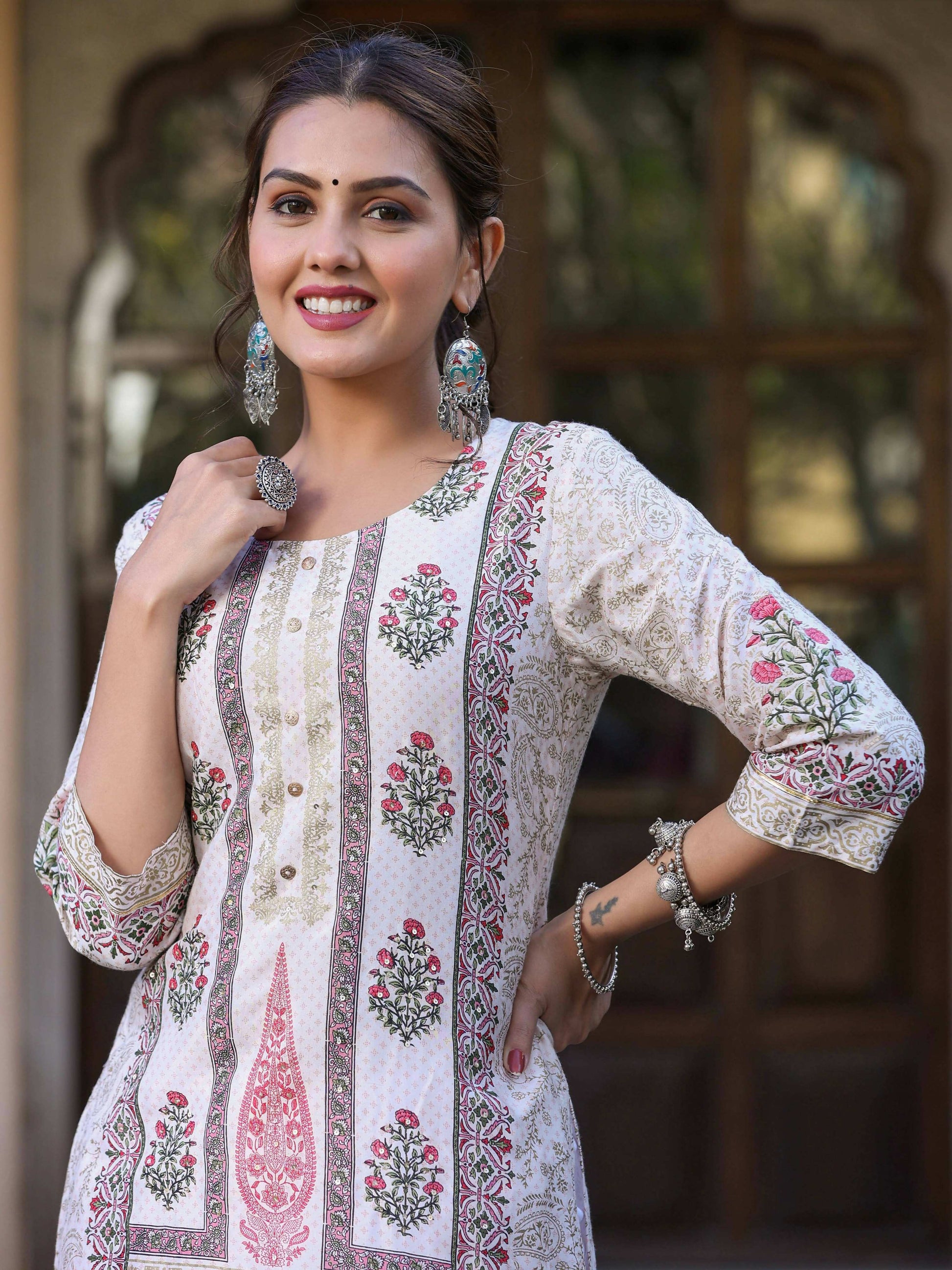 Juniper Women's Pink Viscose Shantoon Festive Printed Straight Kurta