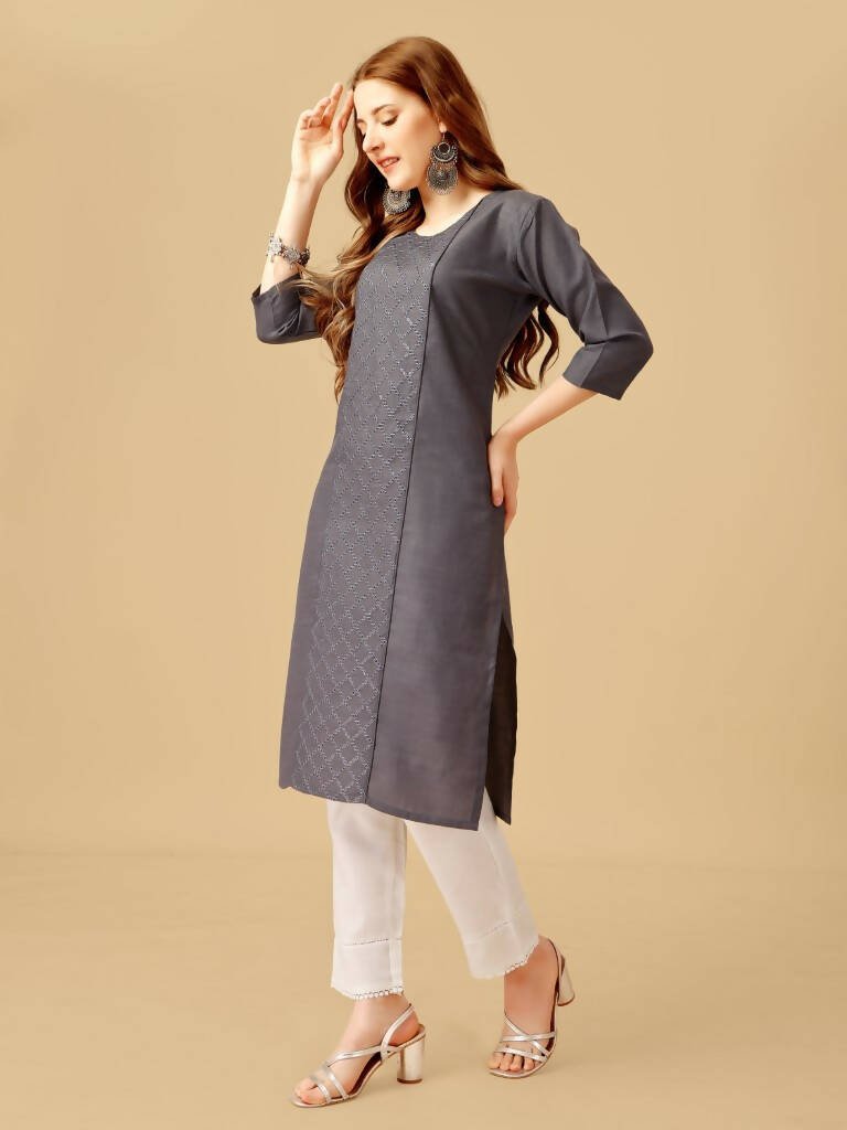 Aastha Fashion Women's Grey Cotton Blend Embroidered Kurta Pant Set - Grab2buy