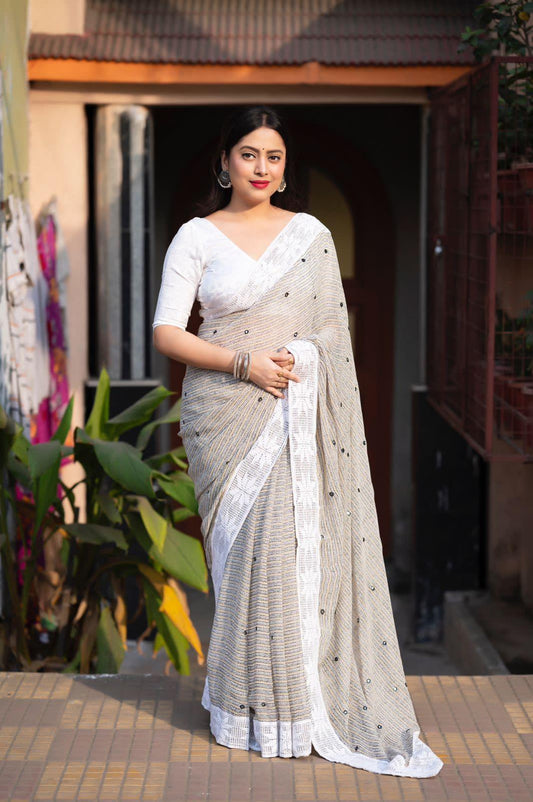 Grey Poly Georgette Ethnic Motifs Saree with Unstitched Blouse - A2M