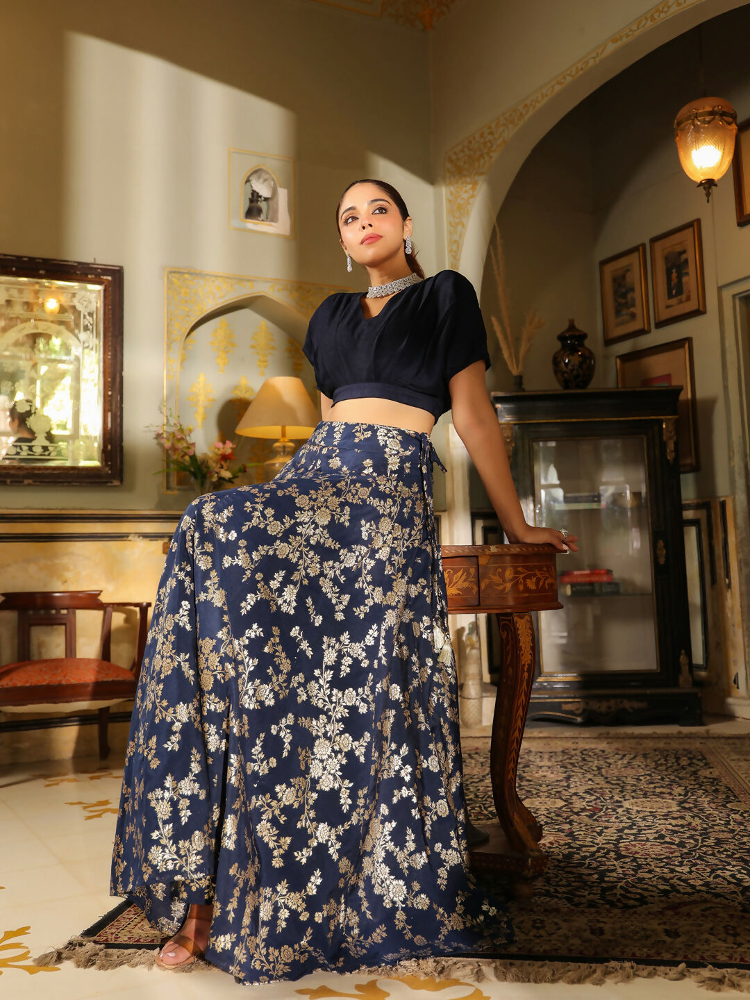 Janasya Navy Blue Silk Blend Solid Lehenga Choli 
