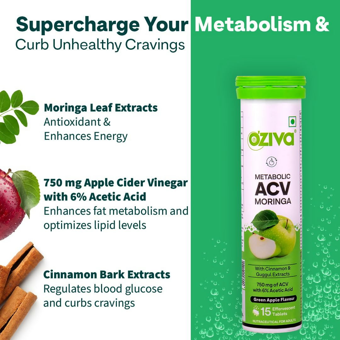 OZiva ACV Moringa For Weight Loss 3-in-1 Fat Oxidation Formula Tablets - Green Apple Flavor 
