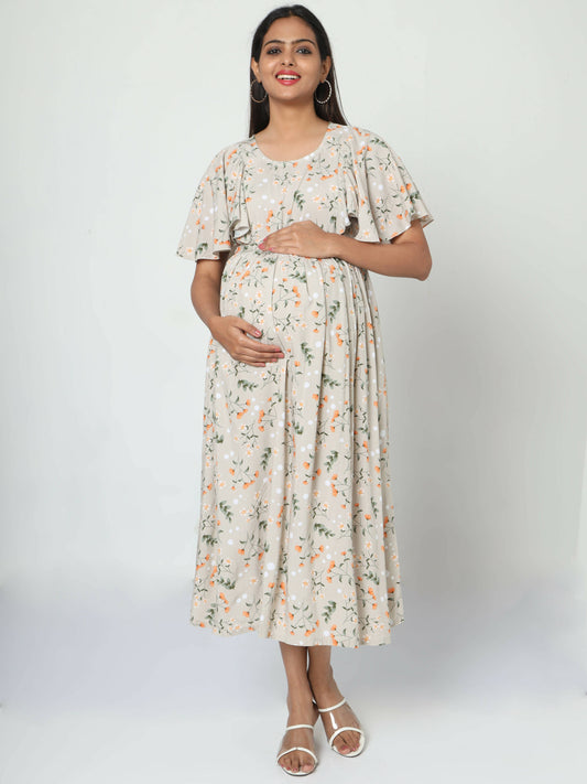 Manet Frill With Sleeves Maternity Dress Floral Print With Concealed Zipper Nursing Access - Cream