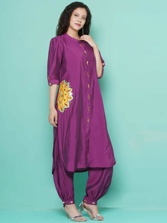 Women Republic Purple Art Silk Embroidered Kurta with Afghani Salwar - Grab2buy