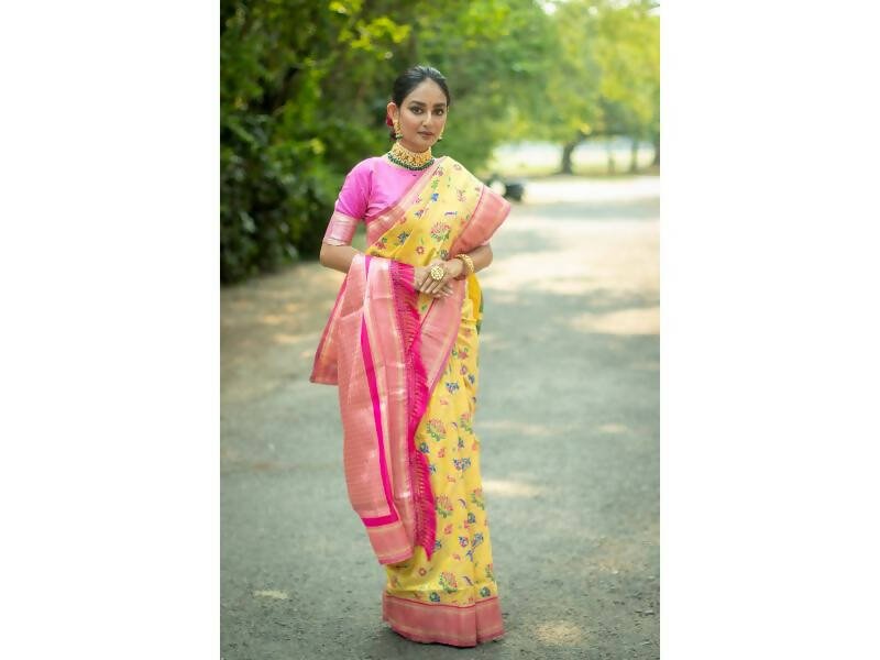 Aastha Fashion Women's Yellow Banarasi Silk Meenakari Zari Woven Saree with Blouse - Grab2buy