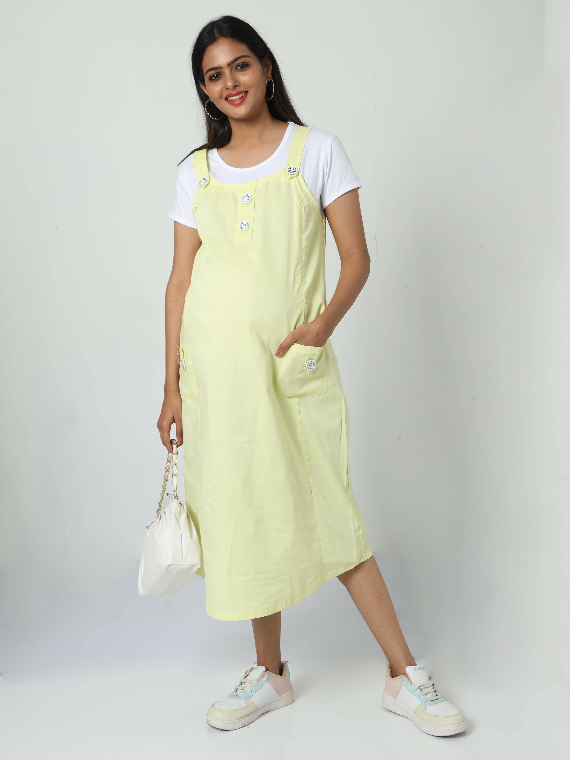 Manet Half Sleeves Solid Maternity Dress With Concealed Zipper Nursing Access - Yellow