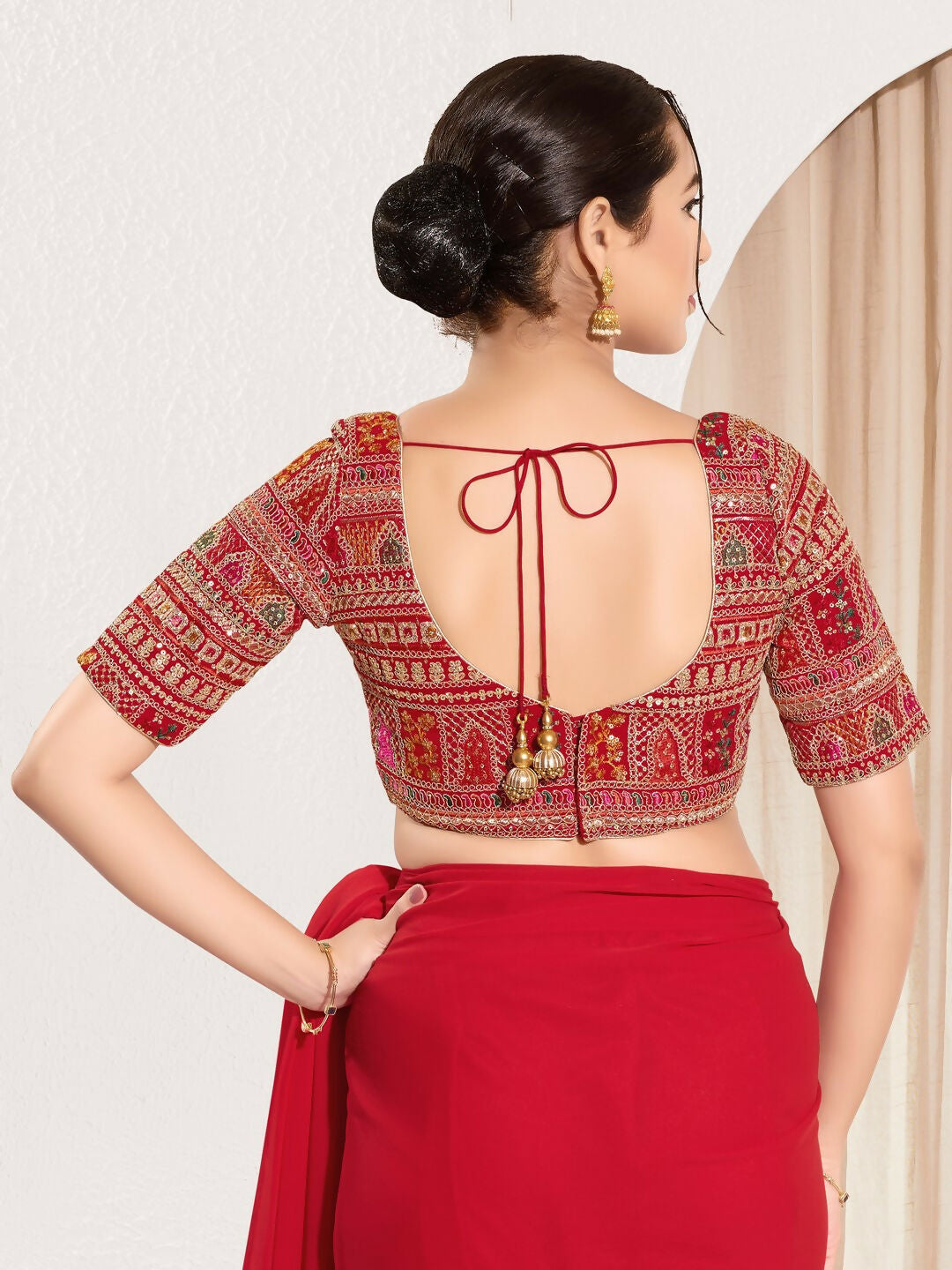 Joban Fashion Red Brocade Padded Blouse With Sweetheart Neck Elbow Sleeves