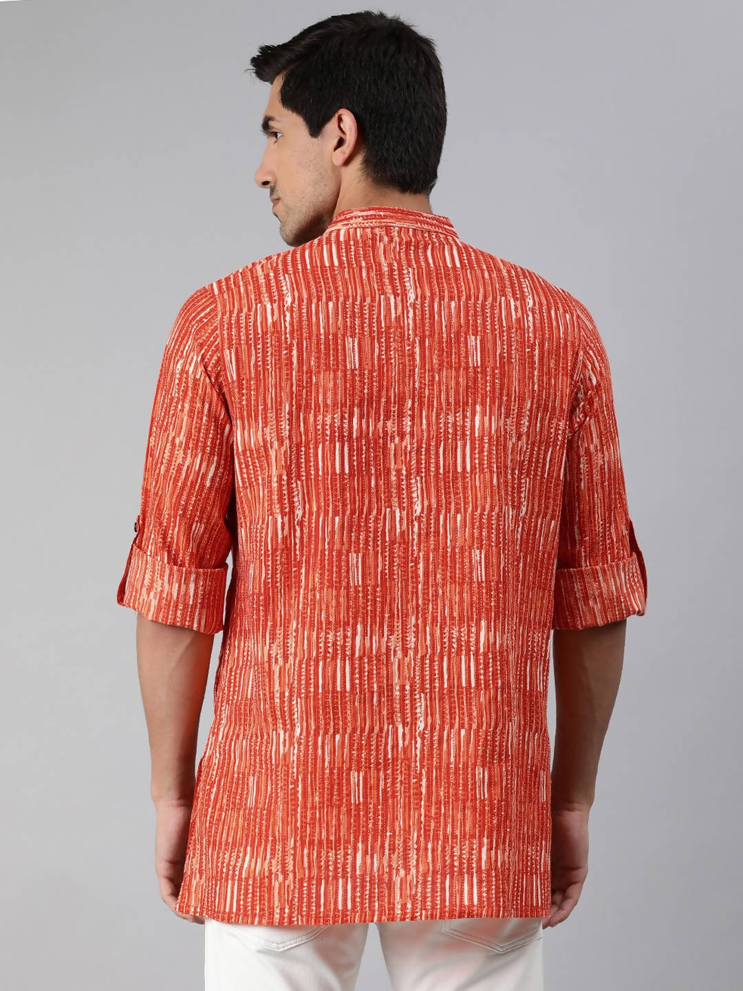 Janasya Men Orange & White Striped Kurta